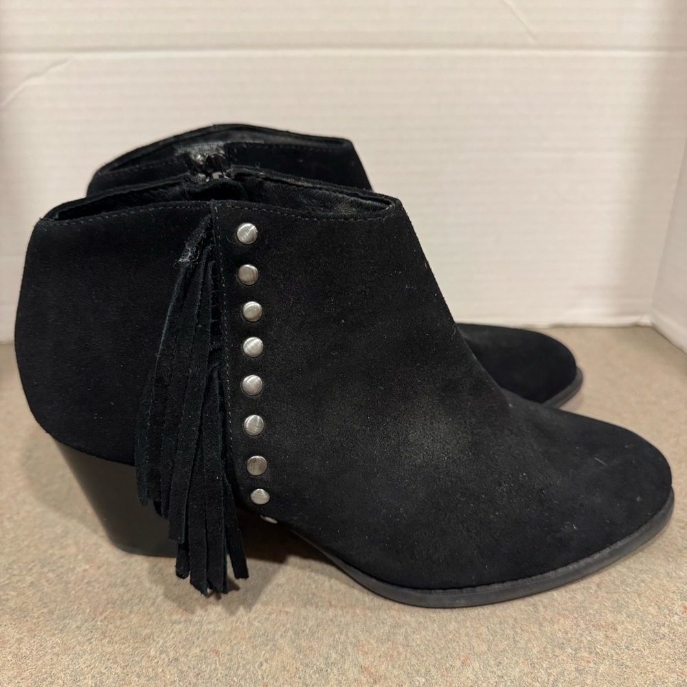Vionic Faros Black Suede Fringe Western Studded Tassel Ankle Booties